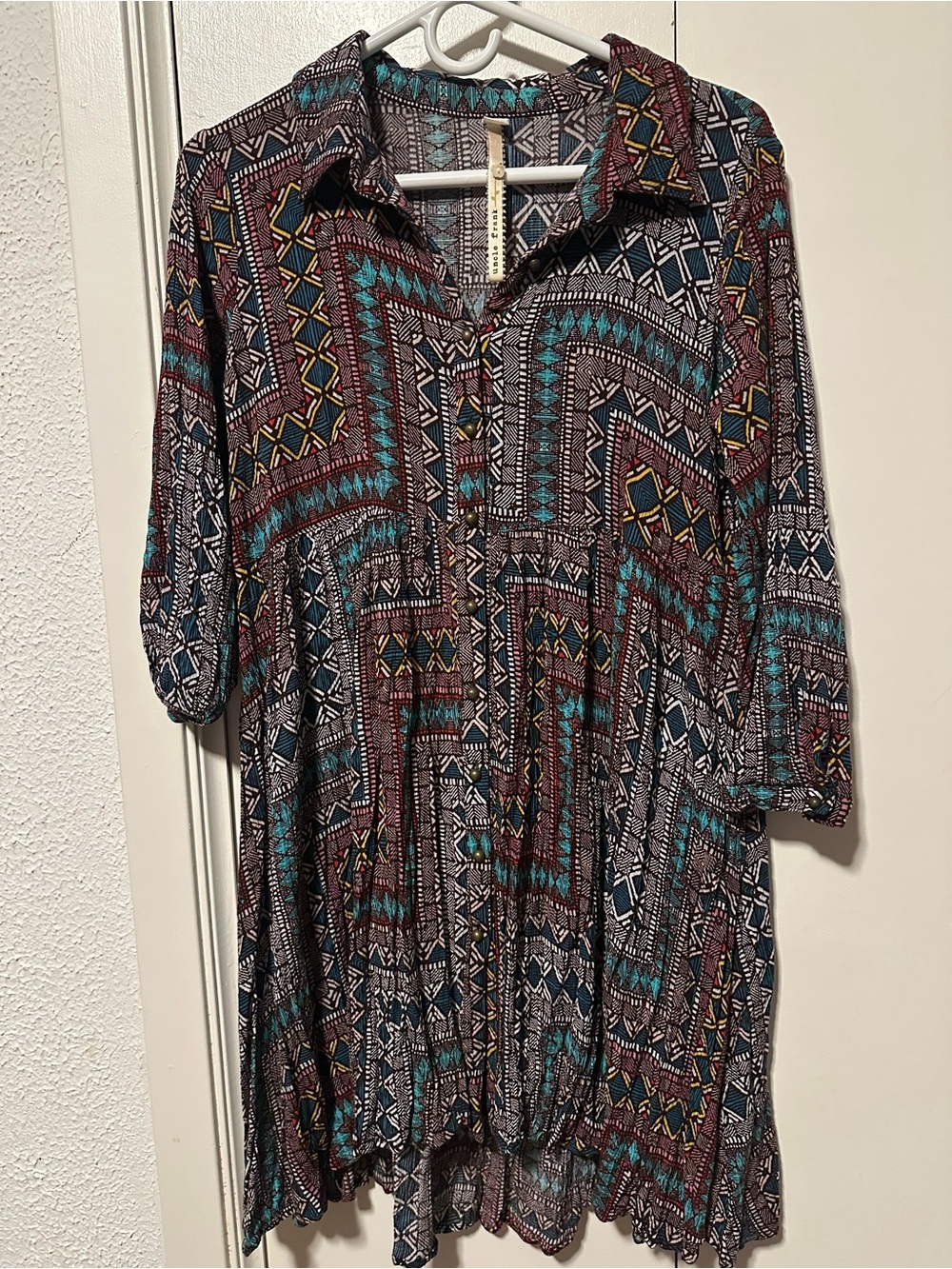 Uncle Frank Geometric Tunic Dress in Teal, Burgundy, and Black